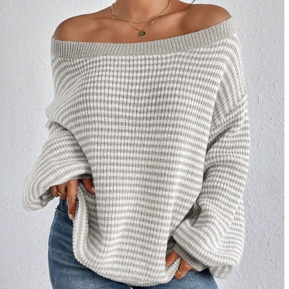 Striped Pattern Off Shoulder Lantern Sleeve Sweater - Picture 1 of 6